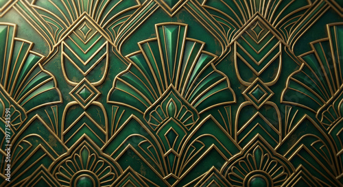 Elegant Art Deco wallpaper background in deep emerald green and distressed gold. This luxurious 1920s-inspired design is ideal for high-end branding, interior backdrops, and glamorous event invitation