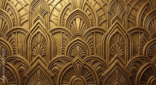 Intricate Art Deco architectural relief in aged gold. Patterns of glamour of the 1920s Gatsby era, suitable for high-end background designs.