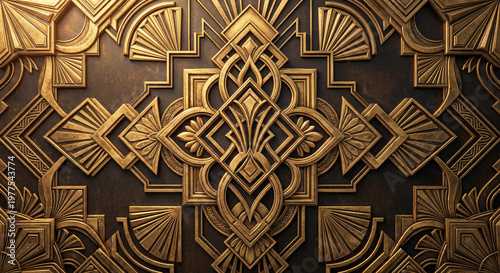 Intricate Art Deco architectural relief in aged gold. Patterns of glamour of the 1920s Gatsby era, suitable for high-end background designs.