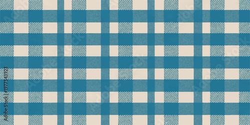 Vintage seamless blue and white plaid fabric texture with a geometric gingham checkered design on cotton cloth material for a picnic tablecloth backdrop