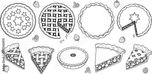Hand-drawn Pie and Tart Illustrations Featuring Different Crust Designs and Fruit Fillings for Dessert Themes