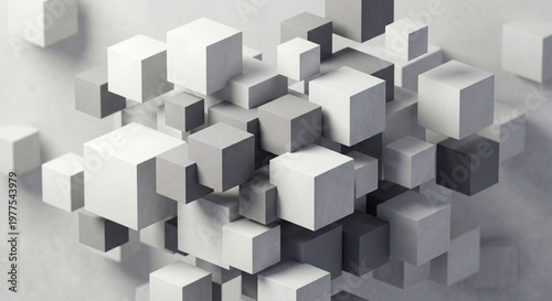 Abstract 3D composition of floating cubes in shades of white, grey, and charcoal. The geometric arrangement features a minimalist, architectural aesthetic with soft shadows and a clean, monochromatic 