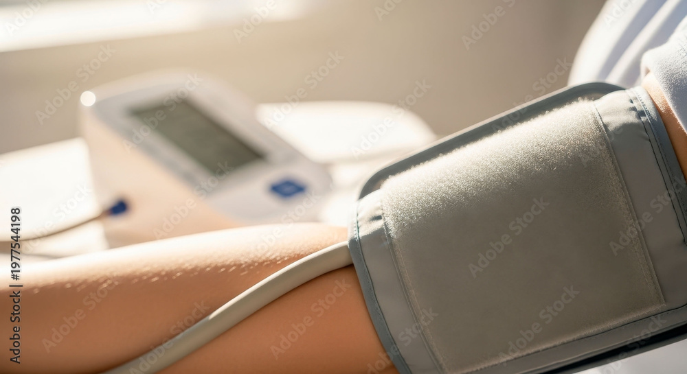 Fototapeta premium Blood pressure monitor arm of a patient undergoing medical checkup in clinic. Health monitoring and cardiology disease prevention.