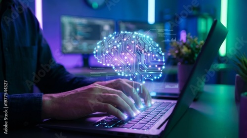 Artificial intelligence neural network and machine learning data automation concept with programmer coding on laptop computer featuring digital brain hologram and futuristic neon lighting
