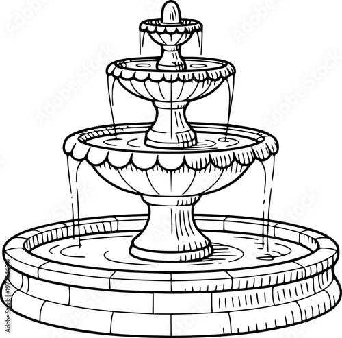 Tiered Stone Fountain With Cascading Water Flowing Into Pool classic