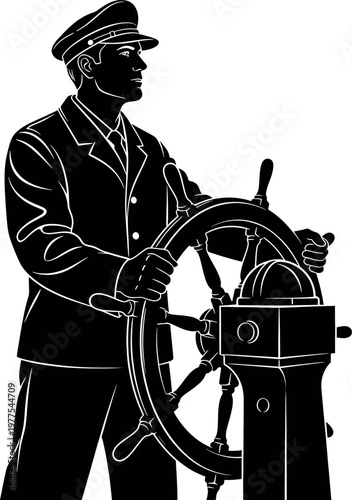 Vintage nautical illustration of a ship captain at the helm