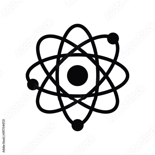 Black atomic symbol, atom model on white background