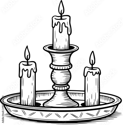 Vintage candlestick holder with burning candles, black and white line light flame