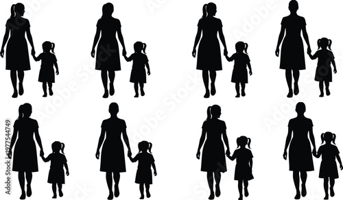Black silhouette collection of mother holding daughter hand walking together, family unity icons, parent and child figures isolated on white.