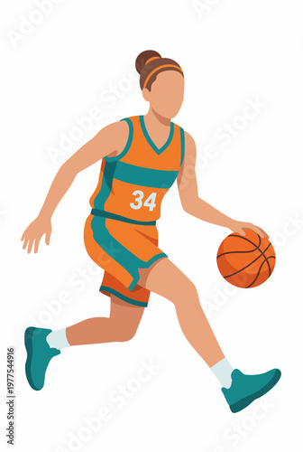 An energetic and stylized illustration of a female basketball player in motion, embodying sportsmanship and the spirit of athletics in a bold visual narrative.