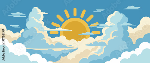 A vibrant sun breaks through soft clouds, creating a lively atmosphere that symbolizes warmth, hope, and joy in a clear blue sky filled with expansive clouds and sunlight.