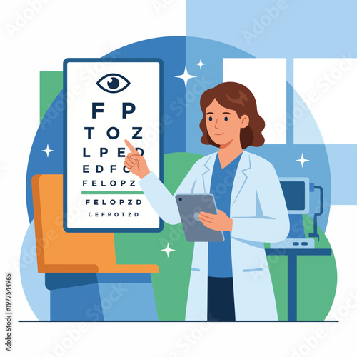 A professional optometrist assists a patient during an eye test using an eye chart, highlighting the importance of vision health and regular eye examinations for clear sight.
