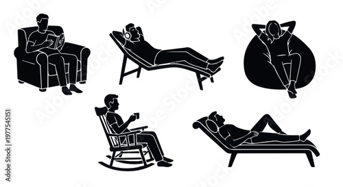 vector set presents people relaxing on chairs and lounge furniture, suitable for lifestyle branding, wellness content, leisure themes, and vacation design