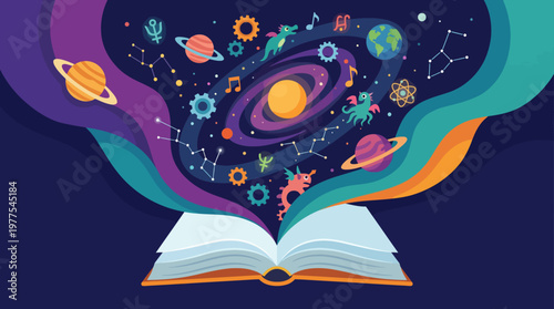 An enchanting illustration of an open book emitting vibrant cosmic elements, symbolizing the connection between literature, knowledge, and the universe's vastness.