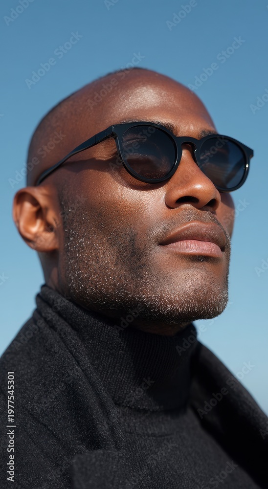 Fototapeta premium Close Up Of A Man With Glitter On His Face Wearing Sunglasses And A Black Turtleneck Outdoors