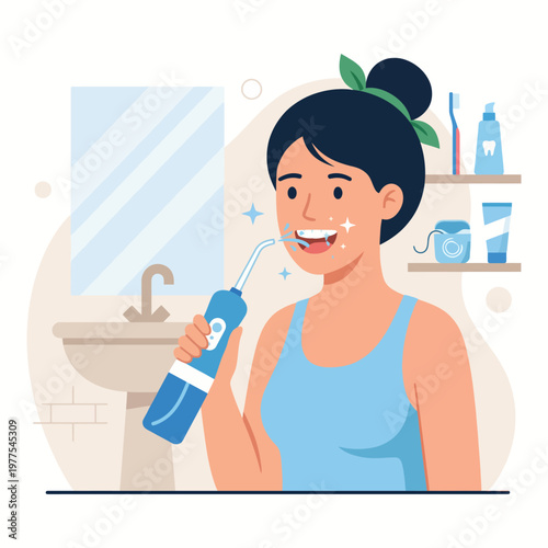 A modern illustration depicting a woman utilizing a water flosser, emphasizing the importance of oral hygiene and health, ideal for dental care promotion and education.
