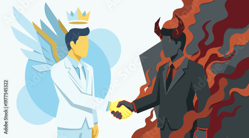 A striking artistic representation of a handshake between a figure symbolizing good and another representing evil, exploring the duality of human nature and morality.
