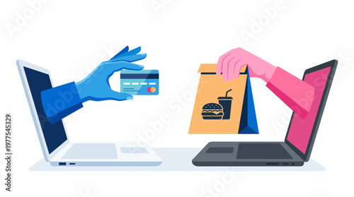 A visual representation of an online food ordering process, showcasing a payment transaction on one side and food delivery on the other, illustrating convenience in dining.
