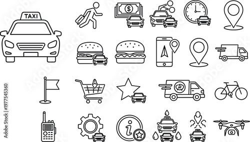 Taxi and food delivery service icon set featuring ride sharing logistics navigation and courier line art symbols for mobile app interface design