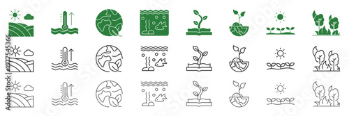 Climate change environment and global warming web line and solid icon set with temperature, earth, water, plant, forest and ecology symbol. Editable stroke