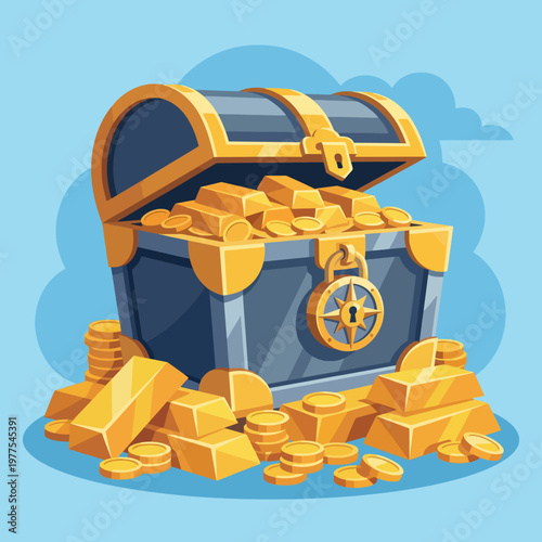 This vibrant image showcases a treasure chest overflowing with gold coins and bars, capturing the excitement of discovery, wealth, and the allure of hidden treasures.