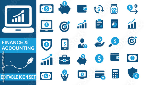 Finance and accounting icon set with various money symbols on transparent background
