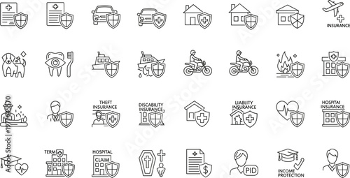Comprehensive insurance policy icon set featuring life health car home travel dental pet and disability protection line art symbols for financial planning.