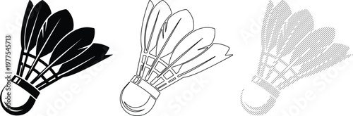 Badminton Shuttlecocks in Three Styles: Solid Outline and Hatch Drawing. Isolated Vector Graphics