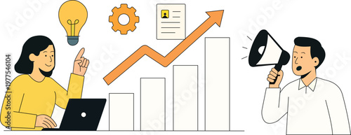 Business growth and marketing strategy concept with team working on data analysis flat vector illustration.