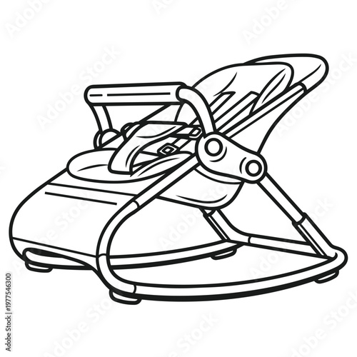 Baby Bouncer in Outline: A detailed, minimalist depiction of a baby bouncer, showcasing its functional design and comfort-oriented features in a monochrome style.