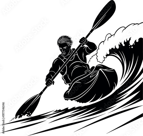 Dynamic kayaking illustration a black and white depiction of a paddler in turbulent waters