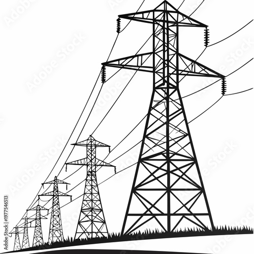 A stark black and white illustration depicts a series of high voltage electricity pylons receding into the distance symbolizing power transmission