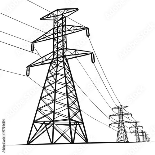 A stark black and white illustration depicts a series of high voltage electricity pylons receding into the distance suggesting power transmission