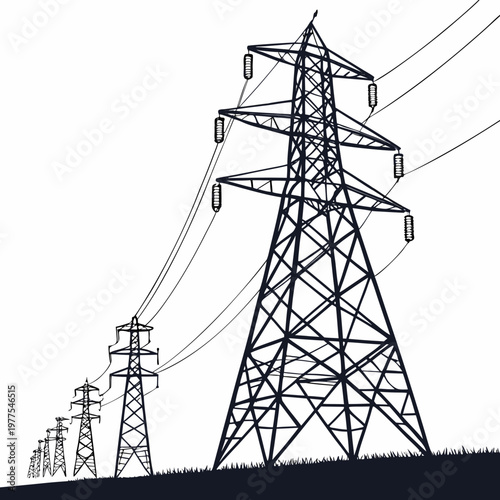 A striking black and white illustration depicts a receding series of high voltage electricity pylons against a simple horizon high quality professional