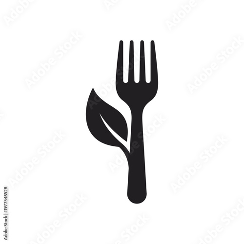Black fork with leaf, vegan or vegetarian symbol utensil