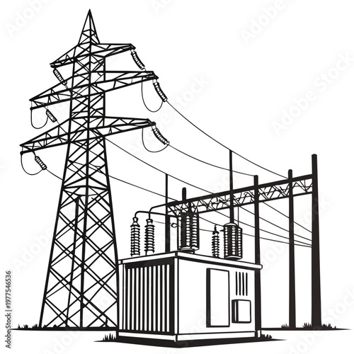 A detailed line drawing depicts a high voltage electricity pylon and a substation showcasing power distribution infrastructure high quality professional modern elegant