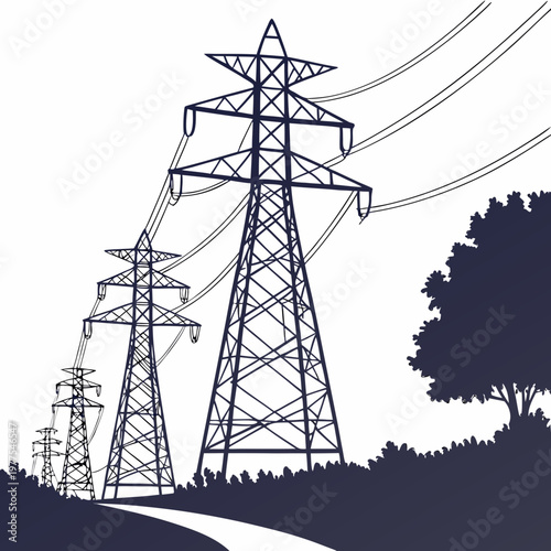 A graphic depiction showcases multiple high voltage transmission towers receding into the distance against a stark white background high quality professional detailed