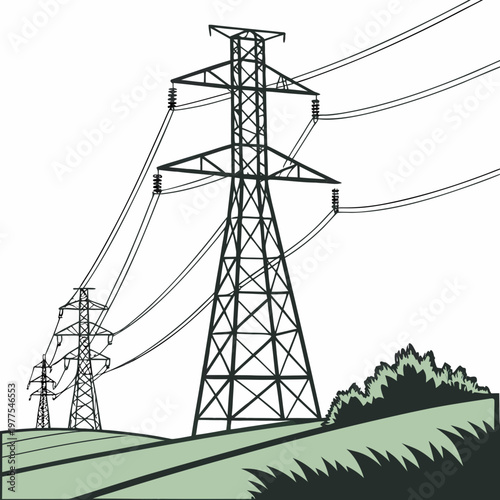 A graphic illustration depicts a tall steel electrical transmission tower against a pale sky and rolling green hills high quality professional detailed