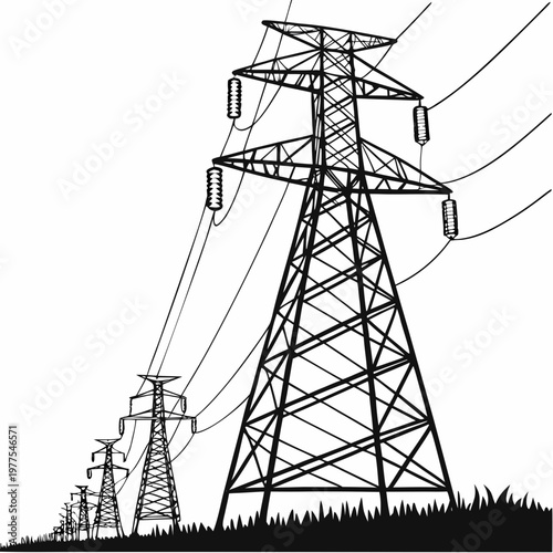 A stark black and white illustration depicts a receding line of electrical pylons stretching across a grassy field high quality professional detailed