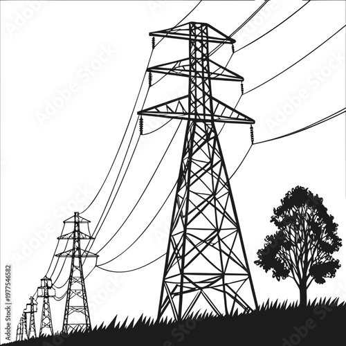 A stark black and white illustration depicts a row of electrical transmission towers receding into the distance with a tree high quality