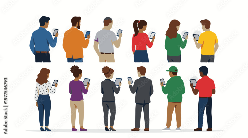 Obraz premium Digital Connection: People connected with modern devices, each engrossed in their devices and experiencing the digital world. This image captures the essence of contemporary communication.