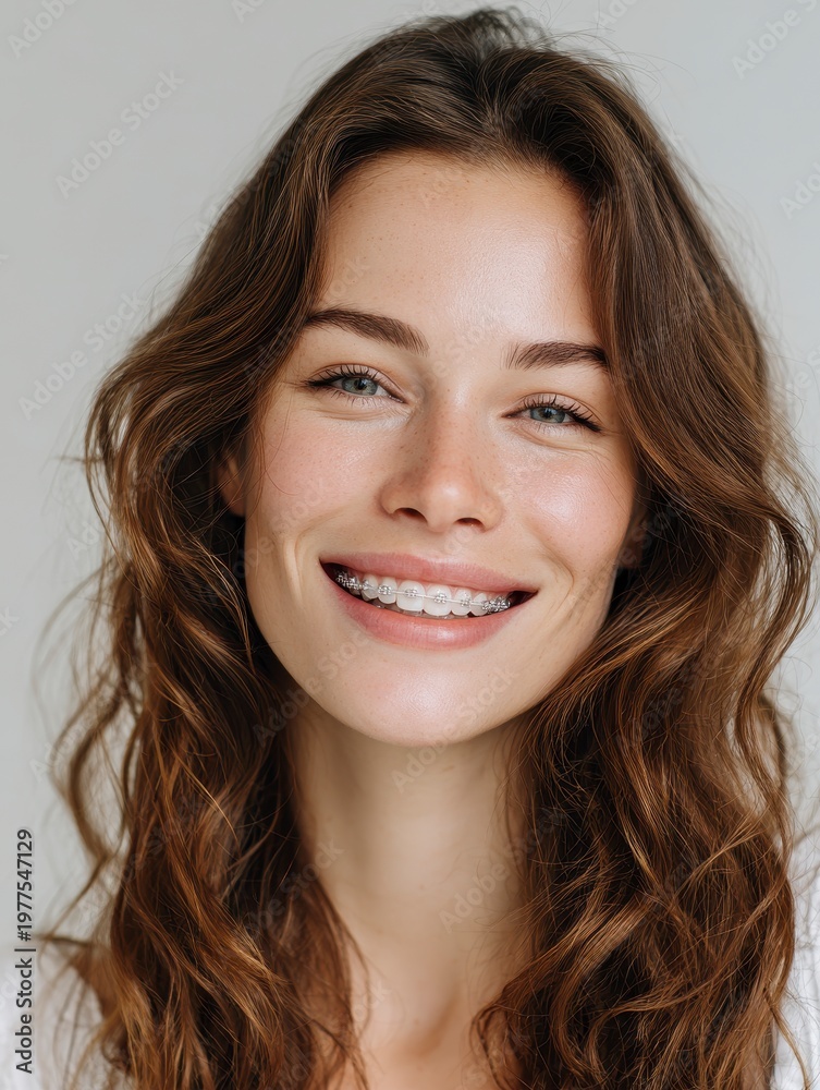 Naklejka premium Smiling Young Woman With Braces And Golden Glitter On Her Face And Hair Studio Portrait