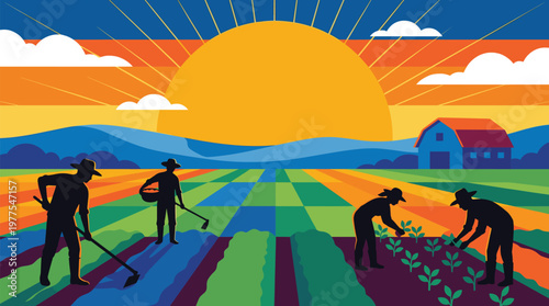 Vibrant flat vector illustration of farmers working in agricultural fields at sunrise with barn, hills, and golden sun