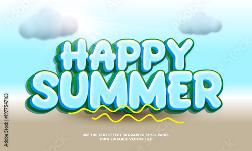 Blue sky and beach background with happy summer 3d font