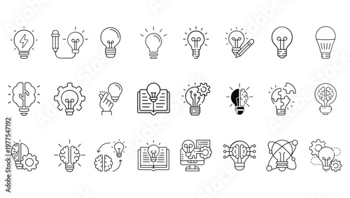 Creative idea and innovation line icons set, light bulb, brain, gear and startup concept outline vector collection isolated