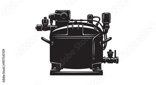 Industrial pump, mechanical equipment, black silhouette, vector illustration, industrial machinery