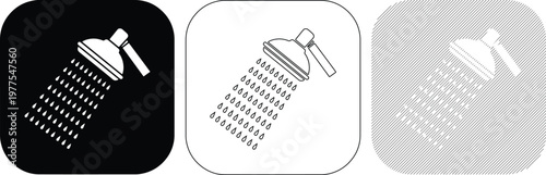 Shower Head Spraying Water Drops Icons in Black White and Patterned Backgrounds Minimalist Design