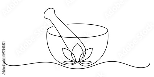 Minimalist One Line Art Mortar and Pestle with Lotus Flower