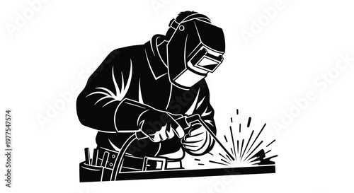 A welder working with sparks flying depicted in a stark silhouette