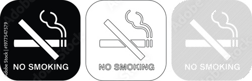 Set of Three No Smoking Signs: Solid Black Outline and Patterned Isolated on White Background